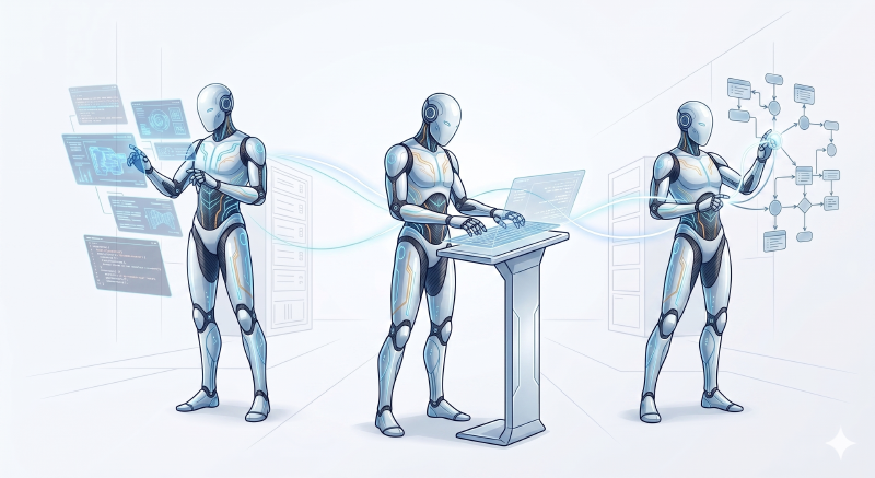 Three lean agents collaborating — analyzing data, writing code, and designing architecture